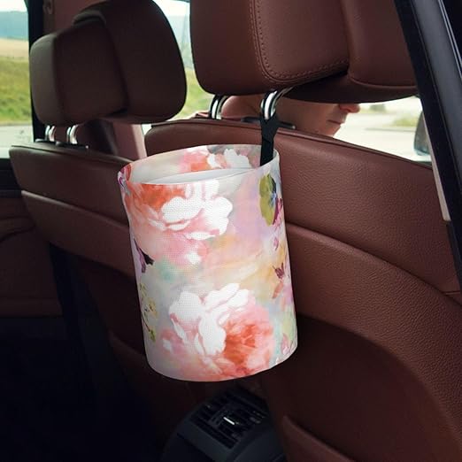 Watercolor Pink Flowers Pattern Car Trash Can Leak Proof Hanging Waterproof Garbage Can Multipurpose Trash Bin for Car SUV Front Seat Headrest Collapsible and Portable Storage Pocket