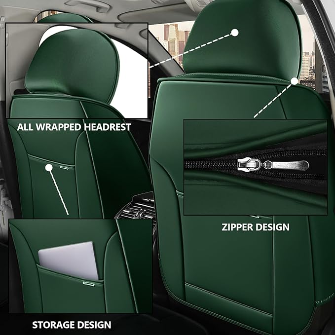 Iceleather Luxury Car Seat Covers for Ford Edge 2007-2025,Waterproof Soft Breathable PU Leather Seat Cover with Storage Pockets(Black&Green,Front Set with Pillow)