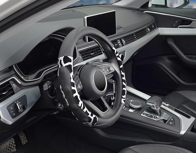 ZHOL Car Steering Wheel Cover, Universal 15 inch Breathable Microfiber Leather Steering Wheel Protector, Anti Slip Car Interior Accessories, Black&Silver