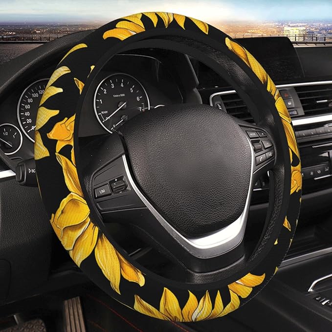 Steering Wheel Cover Polyester Thick Non-Slip Car Steering Wheel Cover Protector Universal 15 Inch, Yellow Sunflower Theme