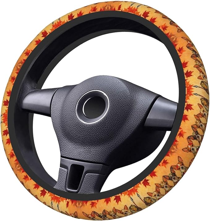 Multi-Color Long-Haired Chihuahua Dog Neoprene Steering Wheel Covers Women Men Car Accessories, Universal 15 Inch Fit Auto, Suvs, Truck
