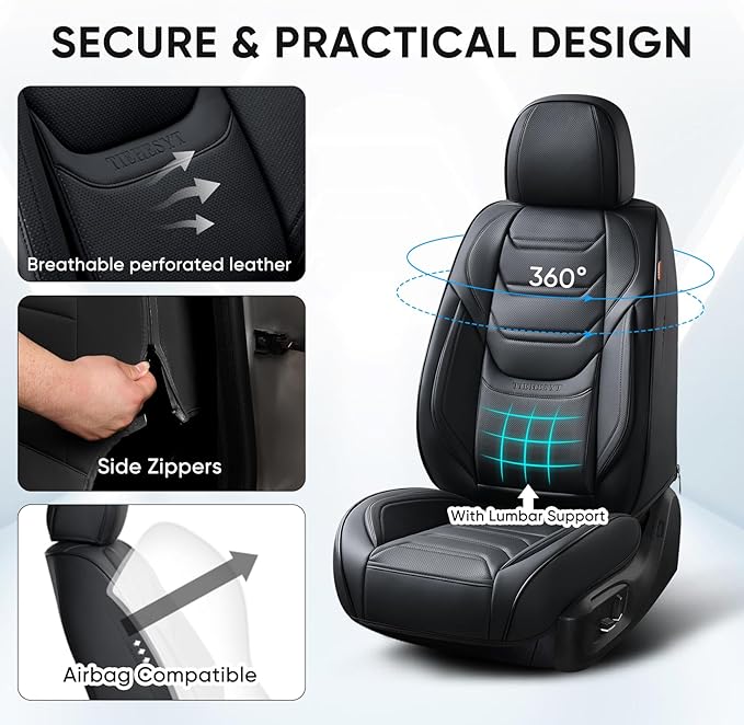 TIEHESYT Black Car Seat Covers Front Pair, Breathable Leather Automotive Front Seat Covers & Headrest for Comfortable Driving, Universal Auto Interior Fit for Most Kinds of Vehicles, SUV, Sedans