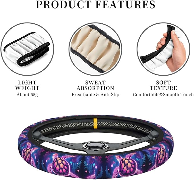 Neoprene Steering Wheel Cover Neon Sea Turtle Pattern Car Steering Wheel Cover Universal Fit for Most Cars