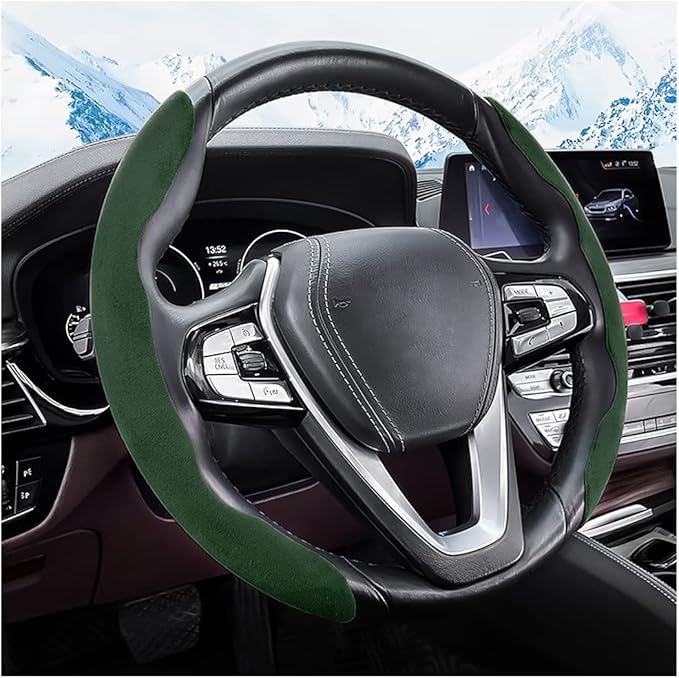 Car Steering Wheel Cover, Microfiber Suede Leather and Carbon Fiber Double Sided Design, Warm in Winter and Cool in Summer, Breathable Non Slip Segmented Protector for Most Cars (Turn Fur/Green)