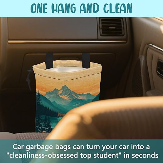 KXWQTRDD Car Garbage Bag Mountain and Forest at Sunset Hanging Canvas Car Trash Bag Drawstring Car Back Seat Organizer for Car Back Front Seat Console with Adjustable Buckle