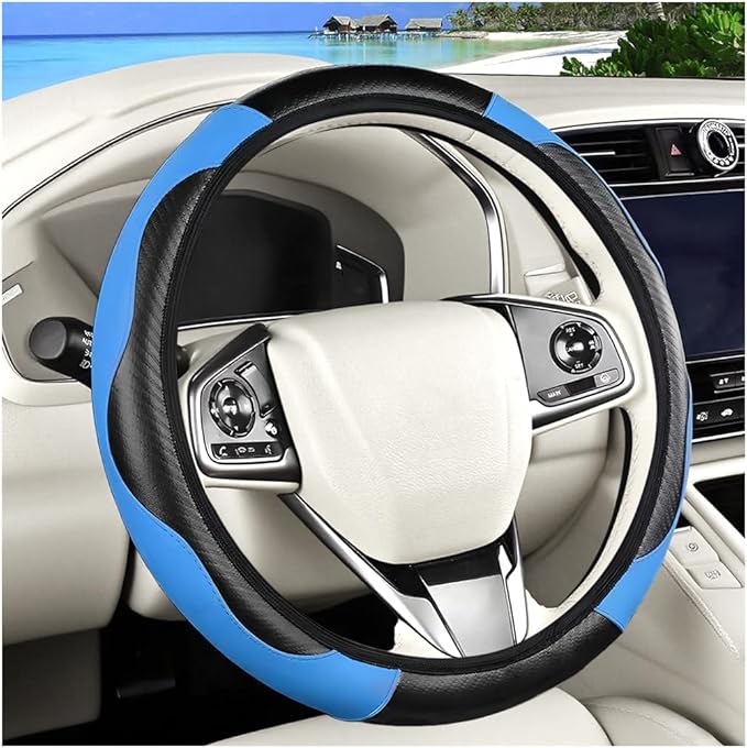 Carbon Fiber Car Steering Wheel Cover, 14.5-15 Inch Elastic Stretch Steering Wheel Guard, Sports Style Non-Slip Automotive Interior Accessories, Universal for Vehicles (Black/Blue)
