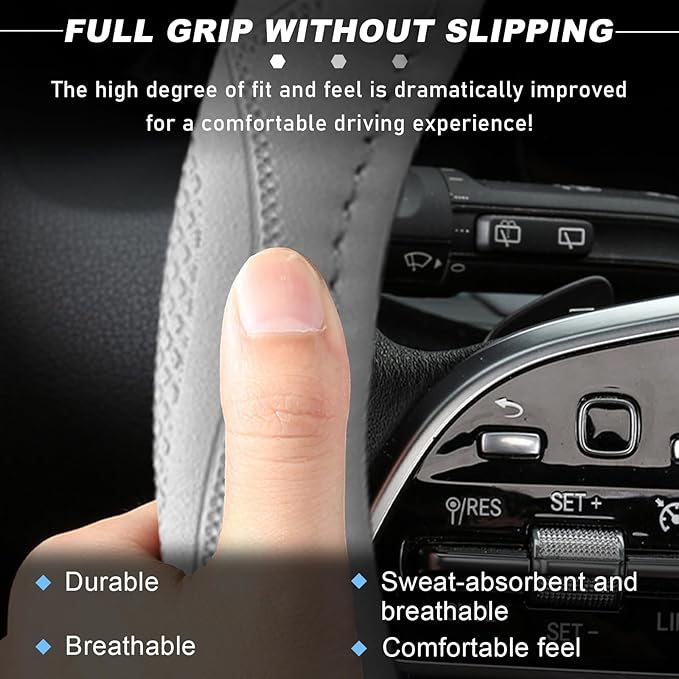 15 Inch Leather Steering Wheel Cover, Breathable Anti-Slip Steering Wheel Protector Cover, Elastic Soft Comfortable Universal Wheel Cover for Men and Women, Car Accessories (Gray)