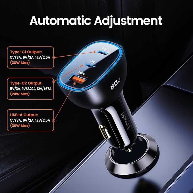 80W USB C Car Charger, 3-Port Cigarette Lighter USB Charger Adapter, QC&PD Type C Car Charger Adapter Fast Charging for iPhone 15/14/13/12 Pro Max Samsung Galaxy S23/22/21 Pixel iPad Pro