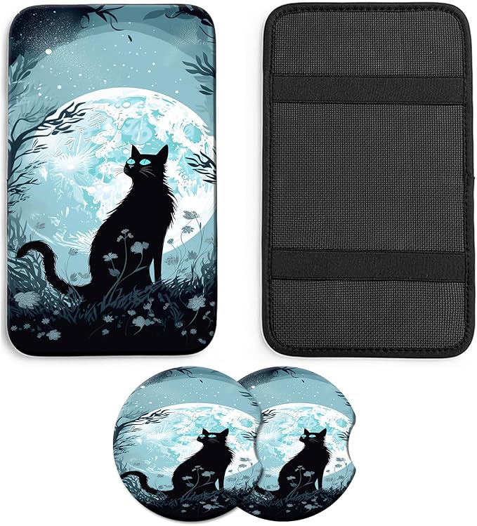 JANENFNA Car Armrest Cover Pads Universal Fashion Cute Auto Center Console Armrest Cover Pad with 2PCS Car Coasters Soft Waterproof Car Armrest Seat Protector for Women,Moon Garden Cat