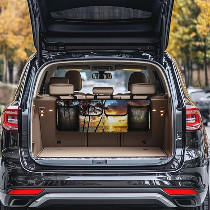 Hanging Trunk Organizer, Foldable Car Trunk Organizer Back Seat Hanging with 4 Large Compartments, Hanging Trunk Organizer Universal for Vehicles (with Mesh Bag)