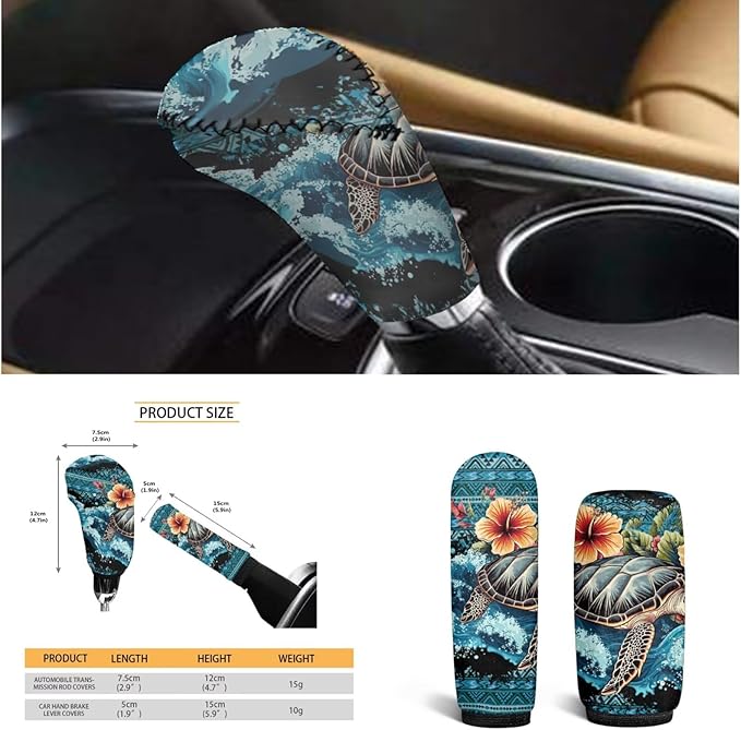 Boho Sea Turtle Car Accessories for Men Women Cute Steering Wheel Cover Flower Cup Coaster Handbrake Cover Fit Vehicles,Sedans, SUVs,Vans,Trucks 6 PCS