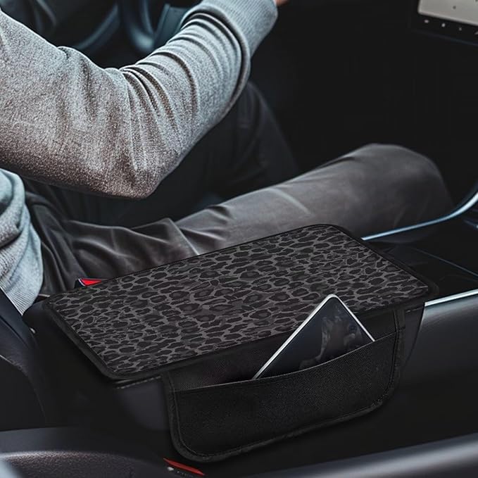 Dreaweet Black Leopard Print Car Accessories Center Console Cover,Car Armrest Cover Cushion with 2 Storage Bags,Cheetah Pirnt Car Arm Rest Cover Pad Universal for Most Vehicles
