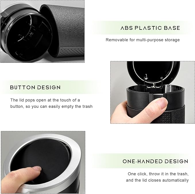 Car Trash Can Bin with Lid, Cup Holder Garbage Container Leakproof Vehicle Door Trash Bin, Mini Portable Dustbin Multipurpose Organizer for Auto Side Door Home Office (Silver)