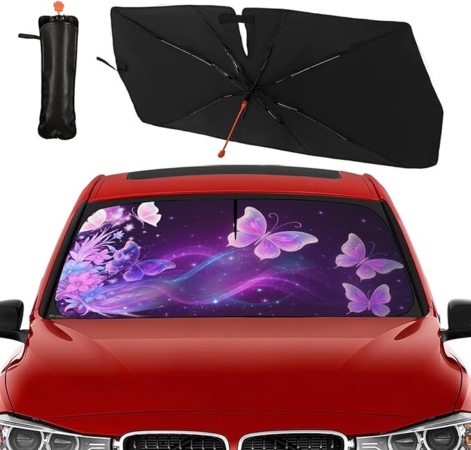 DOPINDU Butterfly Flowers Car Windshield Sun Shade Umbrella Bendable Handle Foldable Funny Sunshade for Car Windshield Block UV Rays Keep Vehicle Cool for Most Sedans SUV Trucks Cars 57"x30"