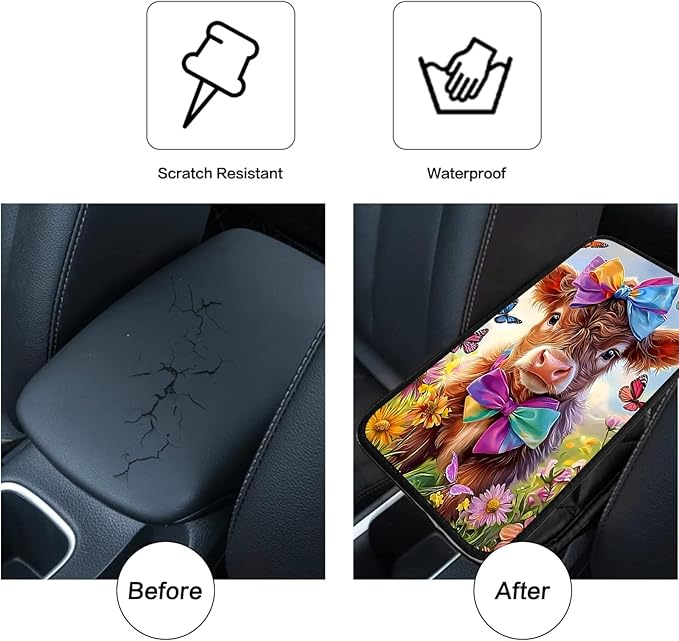 JANENFNA Car Armrest Cover Pads Universal Fashion Cute Auto Center Console Armrest Cover Pad with 2PCS Car Coasters Soft Waterproof Car Armrest Seat Protector for Women,Calf with Colorful Bows-A