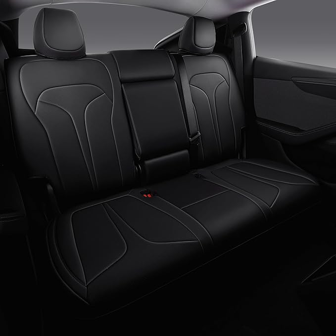 OURPLOT Custom Fit Seat Covers for 2025 2026 Tesla Model Y Juniper (5-Seater), Waterproof Breathable Nappa Leather, OEM Factory Style Full Set Car Seat Protectors Airbag Compatible - Black