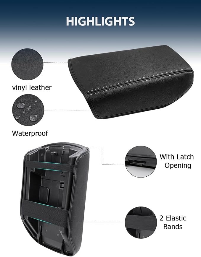 Center Console Cover for Nissan Maxima 2016 2017 2018 2019 2020 2021 2022 2023, Vinyl Leather Middle Console Protector Pad, Armrest Lid Covering, Anti-Scratch, Black-Gray Stitching