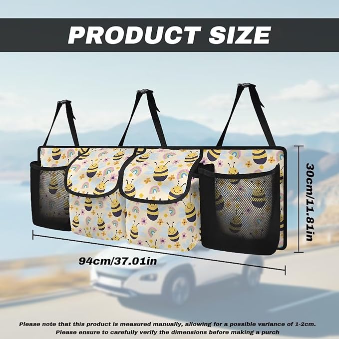 Car Trunk Organizer and Storage, Cartoon Bees Large Capacity Backseat Hanging Storage with 4 Storage Bag Car Accessories, Backseat Car Organizer Universal for Cars, Truck, vans