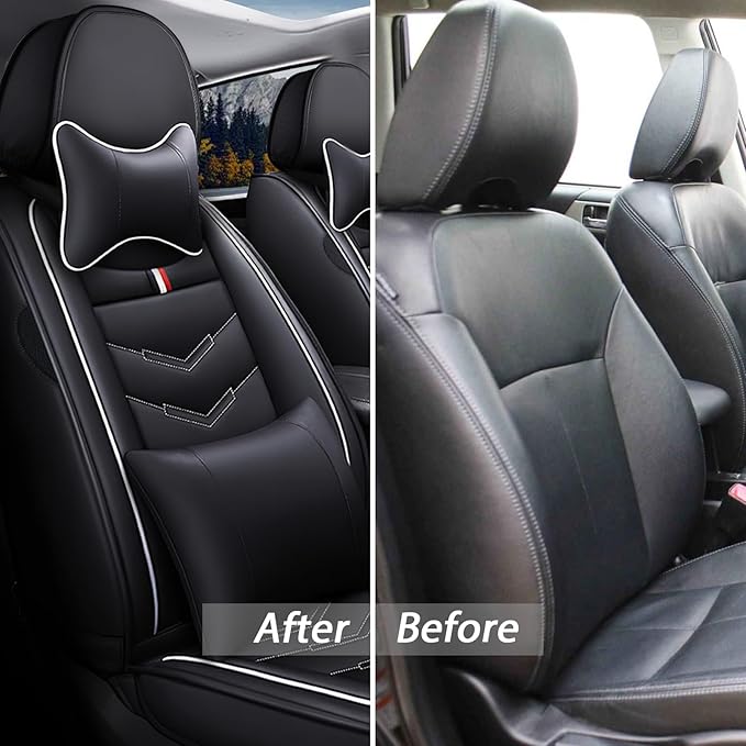MVRVMV Luxury Car Seat Covers for Toyota Highlander 2013-2026, Nappa Leather Auto Seat Cover with 2 Neck Pillows and 2 Lumbar Supports (2 Seat Luxury, Black-White)