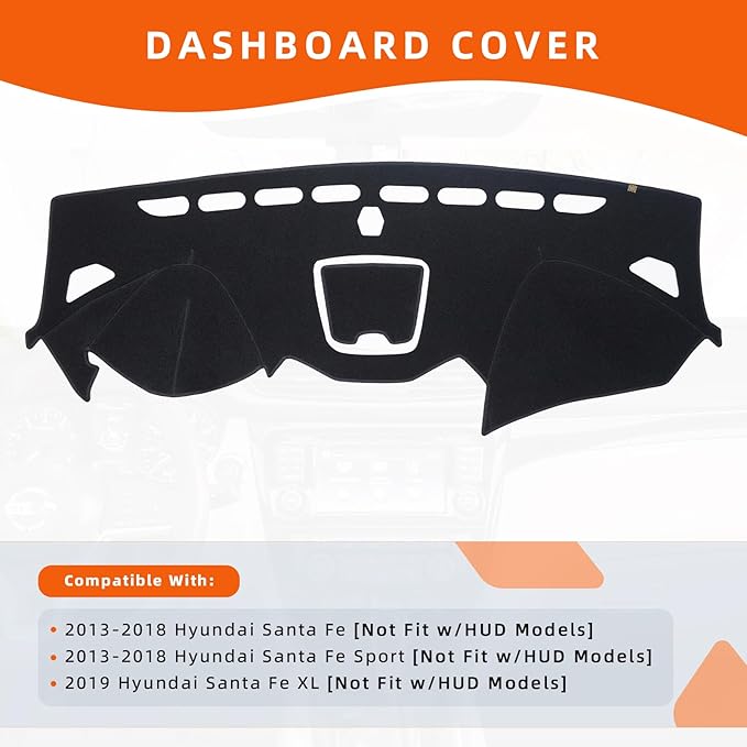 KEYOOG Dashboard Cover Dash Mat Fit for Hy-undai 2018-2013 Santa Fe,Santa Fe Sport (Without HUD Models),Car Dash Board Mat Anti-Glare Carpet,Non-Slip Pad Sunshield Protector (Black)