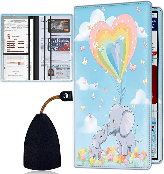 Car Registration and Insurance Card Holder for Women Men, Waterproof PU Leather Glove Box Car Organizer with Magnetic Shut, Vehicle Document Holder for Driver License,Cards, Cute Cartoon Elephant