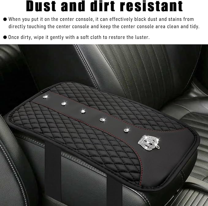 Bling Crown Car Center Console Mats, Anti-Slip and Waterproof Crystal Car Armrest Pad Protector, Universal Rustproof Armrest Decor Cushion for Cars & SUVs, Car Accessories (Black)