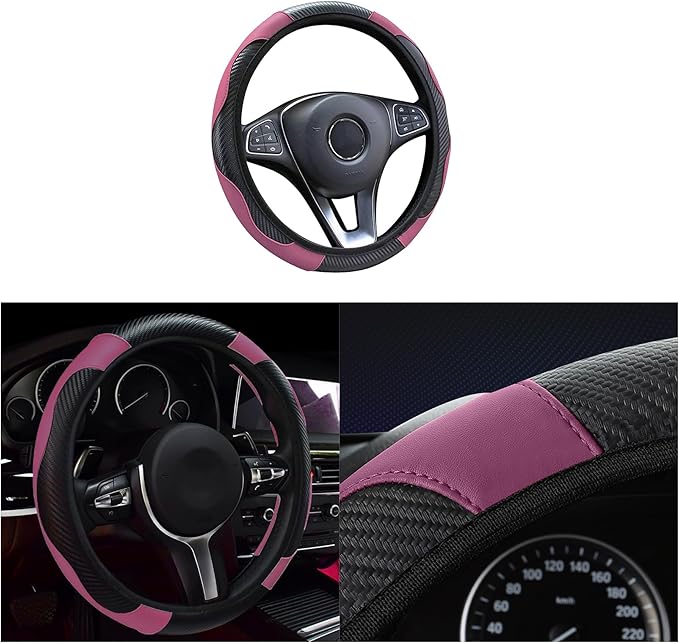 Car Steering Wheel Cover, 15 inch Carbon Fiber Microfiber PU Leather Elastic Steering Wheel Protector for Men Women,Universal Durable Car Decorative Fit for Most Cars, Trucks, SVU (Pink)