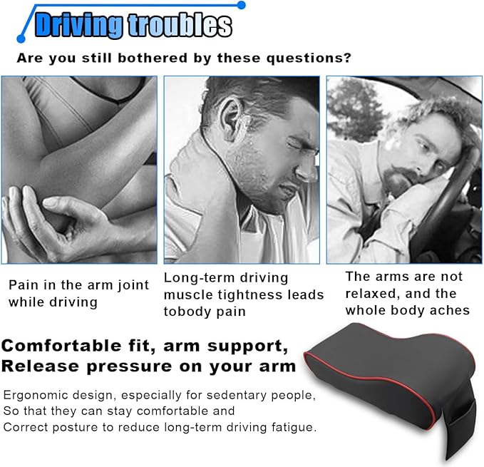 Car Armrest Cushion, Memory Foam Car Center Console Pillow Cushion with Phone Holder Storage Bag, Leather Arm Rest Pillow Cover, Universal Car Armrest Pad Accessories (Black/Red)