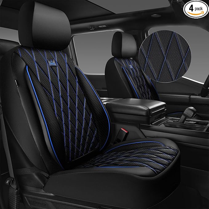 CAR PASS Thick Foam 3D Air Mesh Leather Car Seat Covers Front Seats Only, Breathable Premuim Leather Two Front Seat Cover, Airbag Compatible Universal Fit for Most Sedan Van Truck SUV,Black and Blue