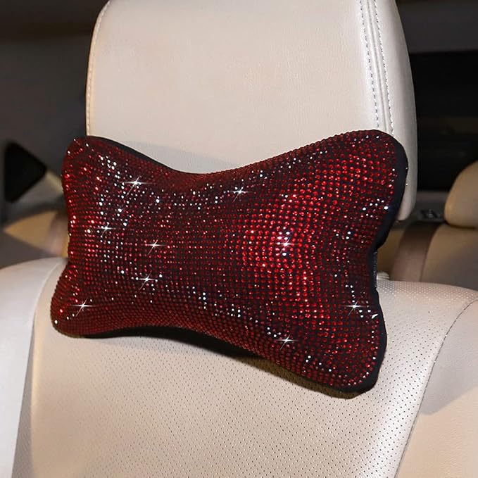 2 Pack Women Neck Pillow for Car Seat Driving Girl Burgundy Red, Auto Seat Headrest Cushion Driver Head Relax Neck Support Crystal Rhinestone Diamond Bling Christmas Car Accessories