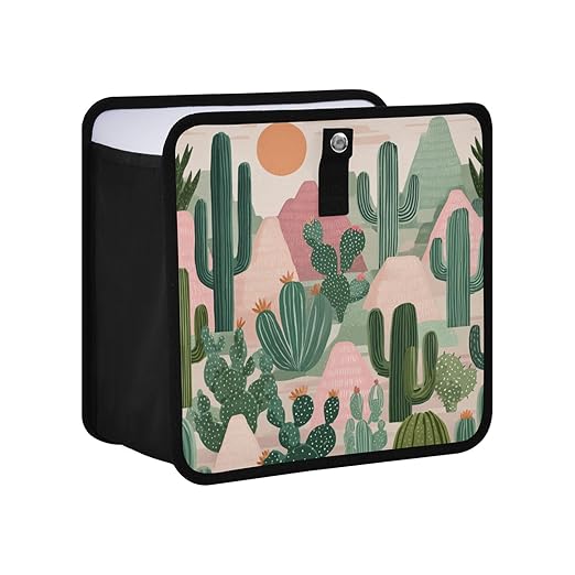 Car Trash Can Organizer Bin with Adjustable Strap for Back Front Seat Console Waterproof Leakproof Collapsible Portable 11 Inch Boho Cacti Mountains and Sun