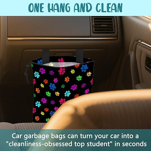 KXWQTRDD Car Garbage Bag Colorful Paw Prints Hanging Canvas Car Trash Bag Waterproof Drawstring Car Back Seat Organizer for Car Back Front Seat Console with Adjustable Buckle