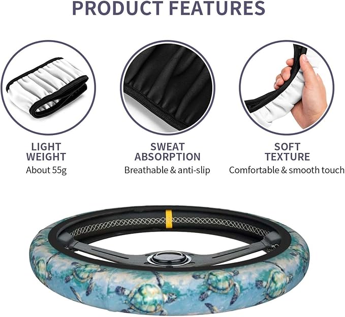 Sea Turtle Steering Wheel Cover for Women Men Girls Car Accessories Decor Anti-Slip Neoprene Auto Steering Wheel Covers Protector Universal 15 Inch