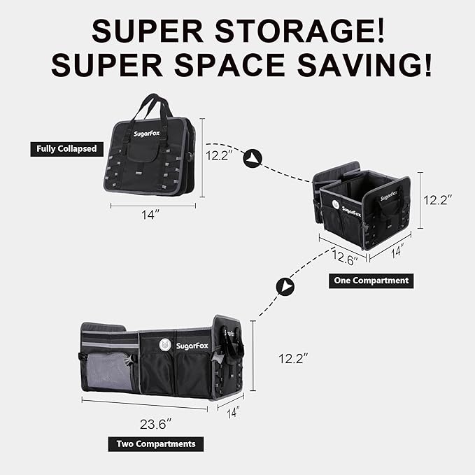 SugarFox Car Trunk Organizer | 63L, 23.6"x14"x12.2" | Dedicated Shoe Space, Adjustable Straps | Waterproof, Collapsible | for SUVs/Small Midsize Cars - Black-X212