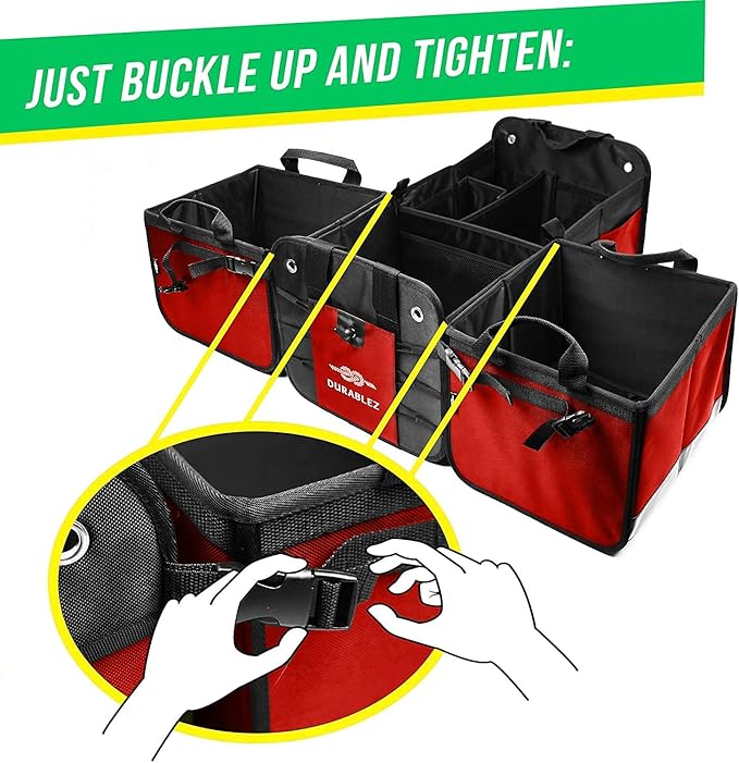 DURABLEZ 5-Section Trunk Organizer with Cooler – Extra Large Modular Car Storage System with Insulated Compartment, Foldable Multi-Module Cargo Organizer for Groceries & Travel – Red