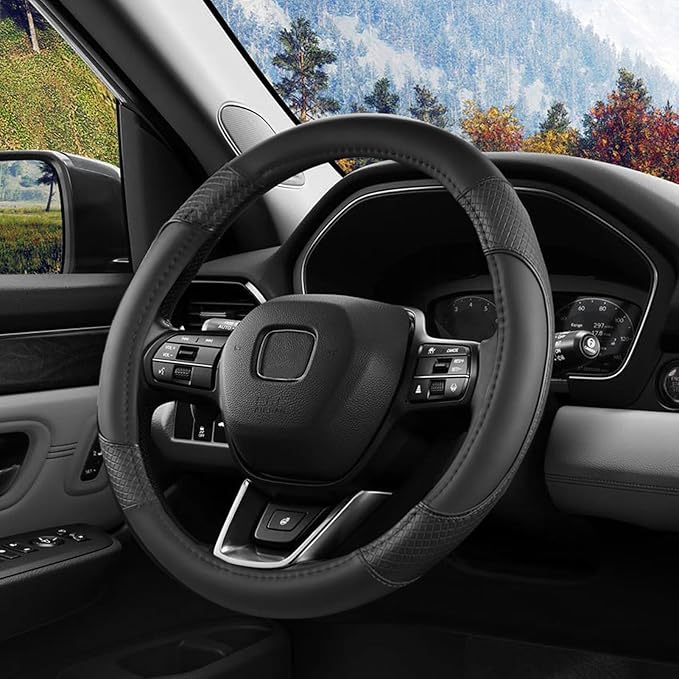 ANMOSVO Steering Wheel Cover for Honda Civic Accord CRV HR-V Pilot Passport Odyssey - Microfiber Leather & Anti-Slip Safety Design 14.5-15 Inch Custom Fit (Black-Standard Size)