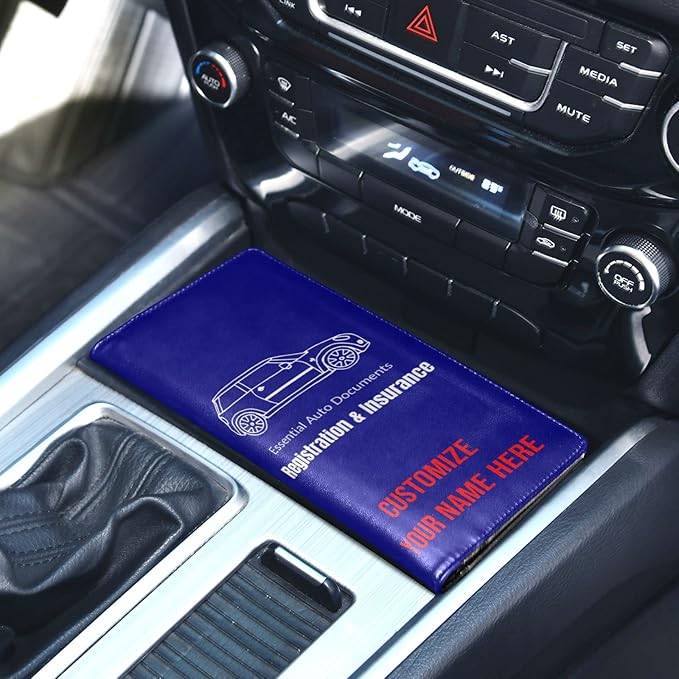 Custom Car Registration and Insurance Card Holder Personalized Leather Glove Box Organize Men Women Wallet Accessories Case for Cards, Essential Document Driver License Navy Blue