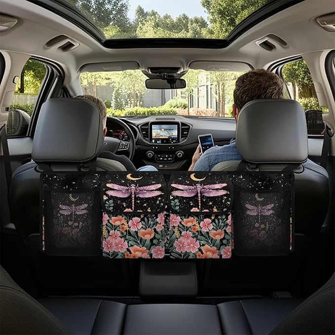 Car Trunk Organizer, Large Capacity Auto Backseat Hanging Organizer, Thick Backseat Storage Bag with 2 Pockets, 2 Mesh Pockets, Car Trunk Tidy Storage Bag with Lids,Dragonfly