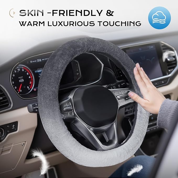 Coverado Steering Wheel Cover, Anti-Slip Fluffy Car Steering Wheel Cover for Winter Warm, Universal 14-15 inch, Soft Plush, No Odor, Luxurious Decoration for Women Men, Gradient Gray
