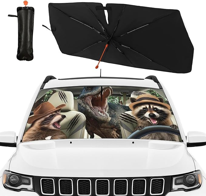 DOPINDU Funny Dinosaur Car Sunshade Umbrella for Windshield Foldable Raccoon Driving Car Sun Shade Cover with Bendable Handle Block UV Rays Sun Visor Protector Keep Vehicle Cool 57"x30"