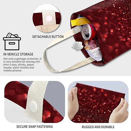 AXZOPDE Cute Car Trash Can, Hanging Canvas Car Back Seat Organizer and Storage Bag, Funny Car Trash Bag For Travelling, Outdoor Red Glittering Pattern