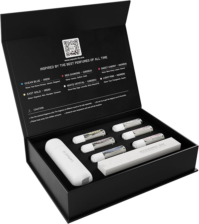 Capsule 33 Car Perfume Starter Pack, Car Air Freshener, Ultrasonic Aroma Diffuser, 6 Fragrances (White Crystal, Red Diamond, East Gold, Ocean Blue, Sweet Cherry, Light Pink) (Black)