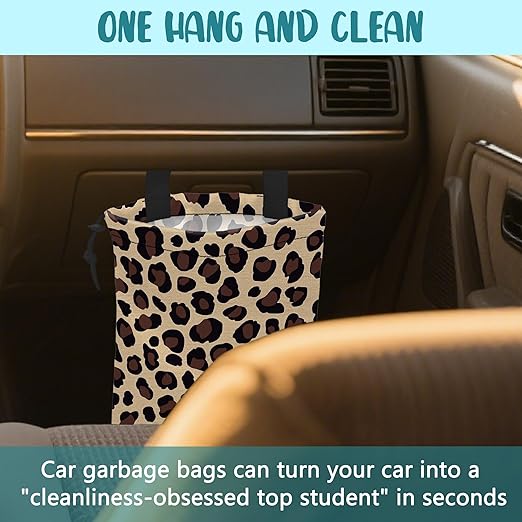 KXWQTRDD Car Trash Bag Abstract Brown Leopard Leak-Proof Car Garbage Bag with Drawstring Foldable Canvas Trash Bin with Adjustable Buckle for Car Accessories, Travelling, Camping