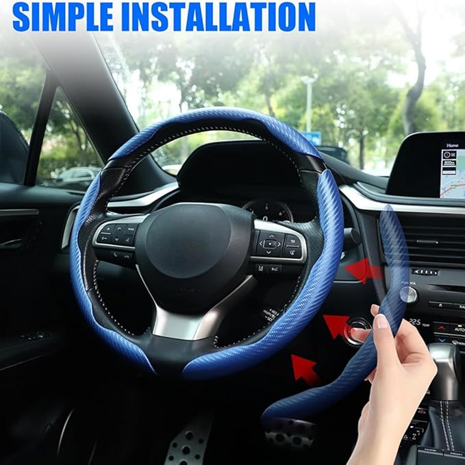 3pcs Carbon Fiber Car Steering Wheel Cover, Segmented Anti-Skid Steering Wheel Protector, Universal 99% Steering Wheel, Butterfly Steering Wheel Cover Women Men, Car Accessories Interior (Blue)