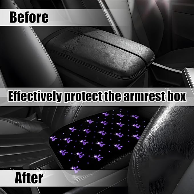 Car Center Console Cover, Waterproof Leather Bow Ribbon Vehicle Arm Rest Pad, Comfortable Automotive Interior Seat Box Armrest Protection Cushion Accessories, Universal Fit (Purple)