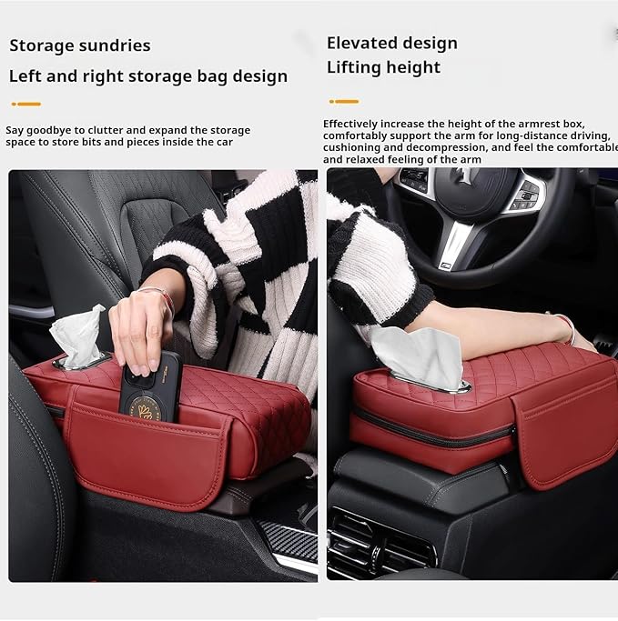 Car Armrest Pads for Hyundai Santa Fe Sport 2013 2014 2015 2016 2017 2018,Leather Center Console Covers Waterproof Anti-Slip Scratch Comfortable Automobile Protective Accessories,Black-Red