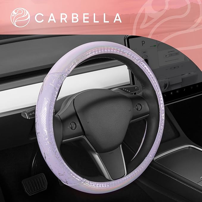 Carbella Purple Holo Bling Steering Wheel Cover, Standard 15 Inch Size Fits Most Vehicles, Cute Shiny Crackle Car Steering Cover with Holographic Foil Glitter Like Detail, Car Accessories for Women