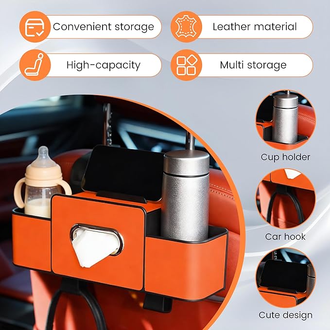 Car Seat Back Storage Box, 2026 New 3-in-1 Multifunctional Car Back Seat Organizer with Cup Holder, Tissue Box, Trash Bin & Hooks for Hold Phones, Snacks, Drinks, Handbags (White)
