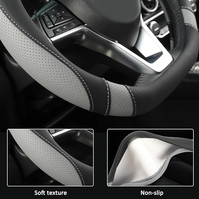 West Llama Flat Bottom Car Steering Wheel Cover for Hyundai,D Shaped Steering Wheel Cover for Tucson,Sonata,Elantra,Santa Fe,Genesis,Sonata Hybrid,Azera,Venue,Kona (Black+Gray-Standard Size)