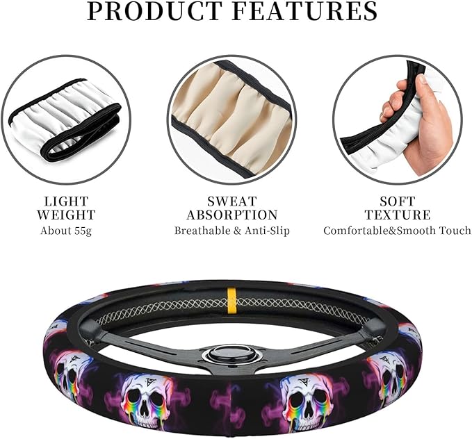 Cool Funny Crying Skull Neoprene Steering Wheel Covers Women Men Car Accessories, Universal 15 Inch Fit Auto, Suvs, Truck